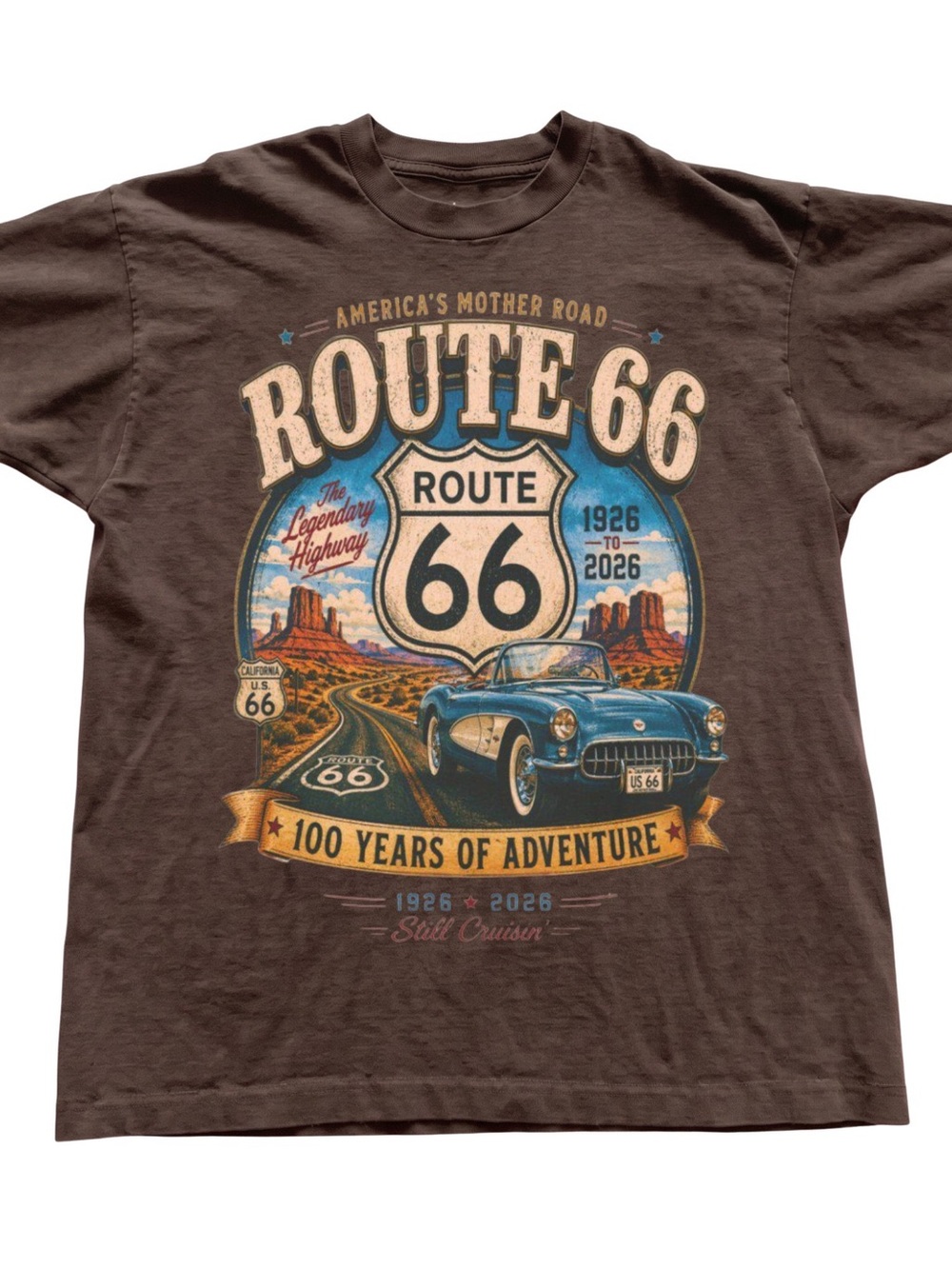 Gildan Brown Route 66 Graphic Tee with Blue Car Print
